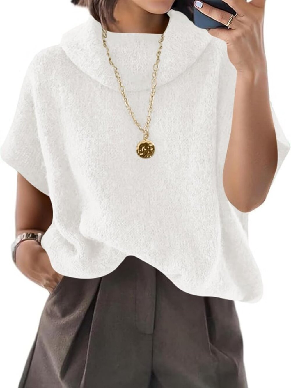Women's White Short Batwing Sleeve Loose Fit Lightweight Turtleneck Sweaters